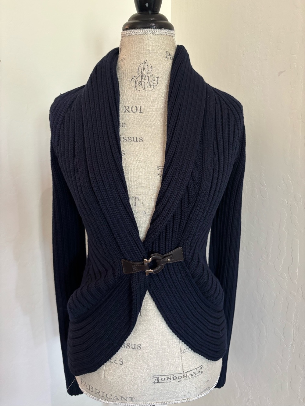 Salvatore Ferragamo Ribbed Shawl Collar Navy Equestrian Sweater Size S